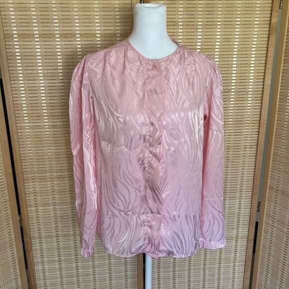 Vintage Pink Satin Long Sleeve Blouse With Textured Leaf Pattern - Picture 1 of 9
